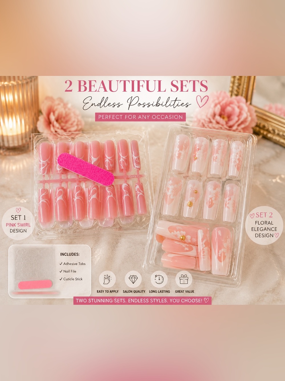 Pink & Green French Tip Press-On Nails | Long Square Nail Set + Application Kit